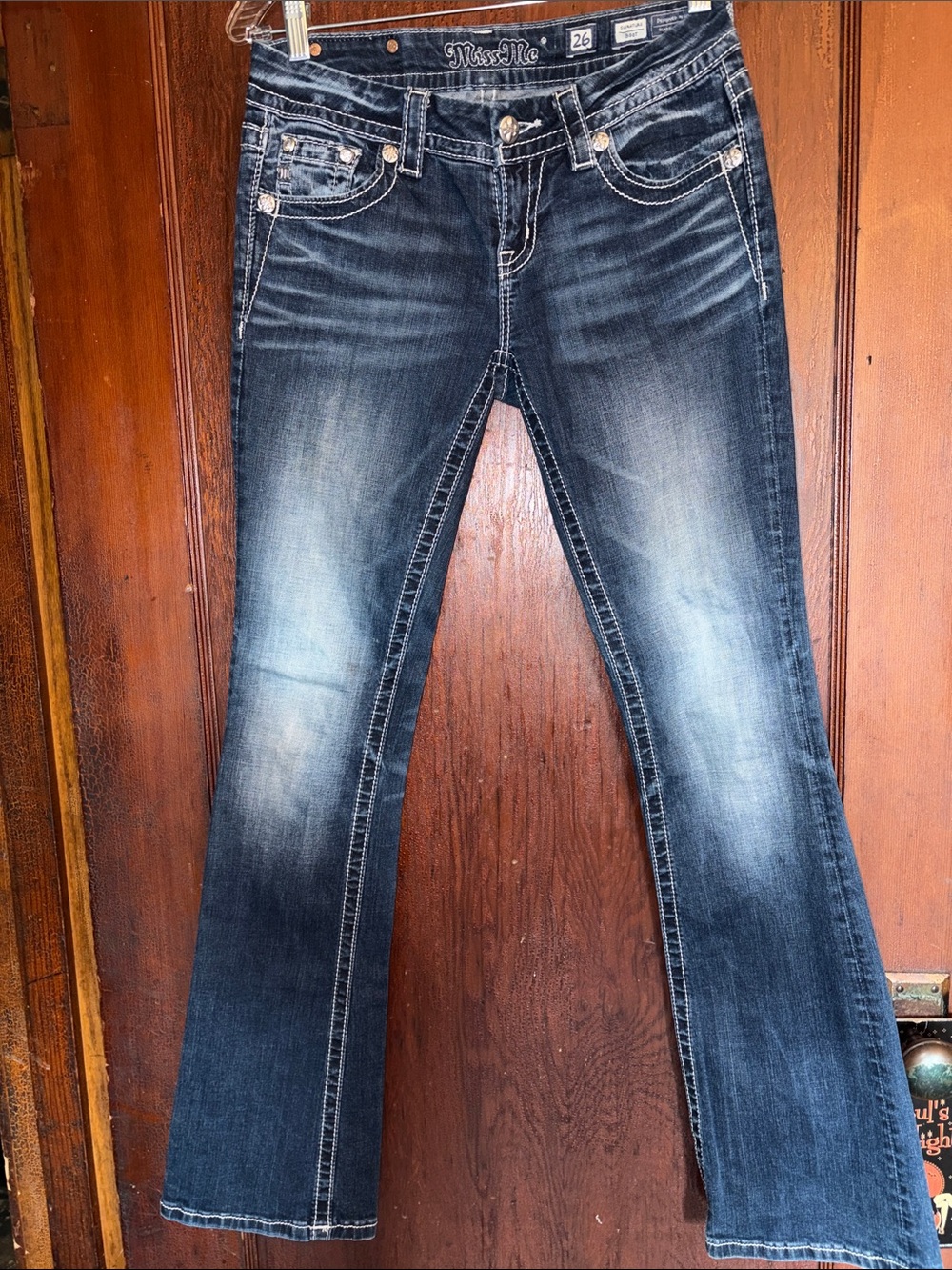 Miss Me Dark Blue Flare Jeans with Faded Wash